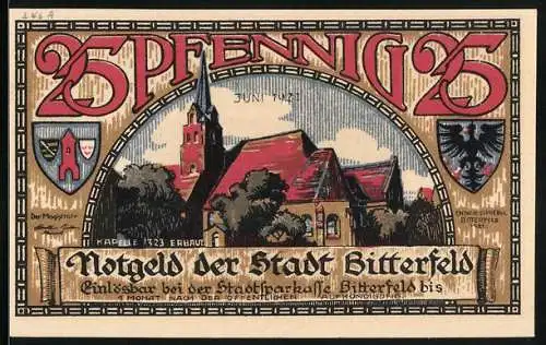 Notgeld Bitterfeld 1921, 25 Pfennig, Wappen, Kapelle, Brand 1473, Destillation
