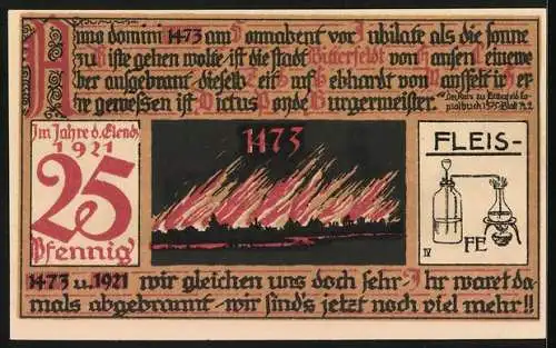 Notgeld Bitterfeld 1921, 25 Pfennig, Wappen, Kapelle, Brand 1473, Destillation