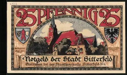 Notgeld Bitterfeld 1921, 25 Pfennig, Wappen, Kapelle, Stadtbrand 1473, Flügelpaar