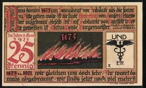 Notgeld Bitterfeld 1921, 25 Pfennig, Wappen, Kapelle, Stadtbrand 1473, Flügelpaar