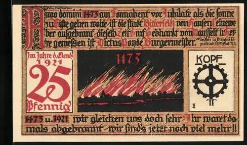 Notgeld Bitterfeld 1921, 25 Pfennig, Wappen, Kapelle, Stadtbrand 1473, Rad