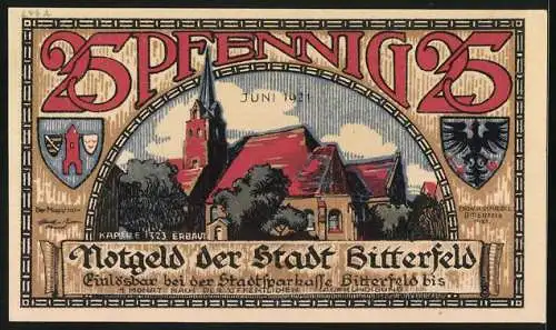 Notgeld Bitterfeld 1921, 25 Pfennig, Wappen, Kapelle, Stadtbrand 1473, Rad