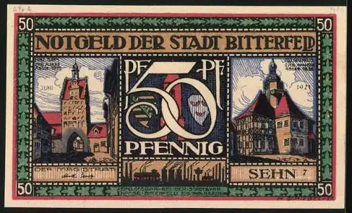 Notgeld Bitterfeld 1921, 50 Pfennig, Wappen, Landkarte, Streit mit Polizist am Wegweiser, Turm, Rathaus