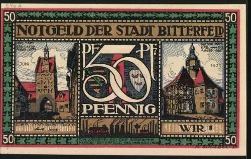 Notgeld Bitterfeld 1921, 50 Pfennig, Wappen, Landkarte, Turm, Rathaus, Figuren am Bahnsteig