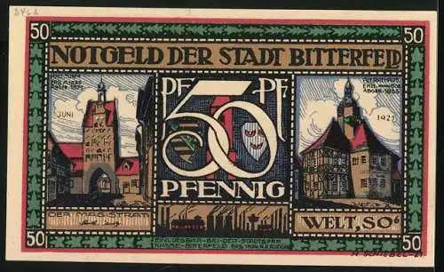 Notgeld Bitterfeld 1921, 50 Pfennig, Wappen, Landkarte, Turm, Rathaus, Strassenszene