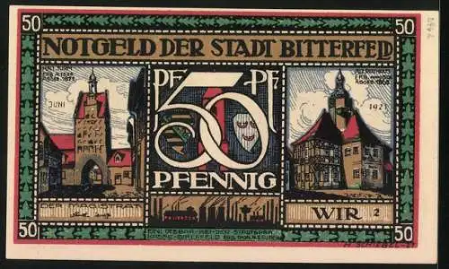 Notgeld Bitterfeld 1921, 50 Pfennig, Wappen, Landkarte, Turm, Rathaus, Arbeiter vor Bergwerk