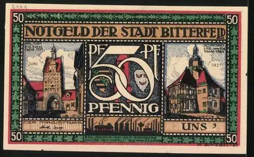 Notgeld Bitterfeld 1921, 50 Pfennig, Wappen, Landkarte, Turm, Rathaus, Streit unter Bürgern