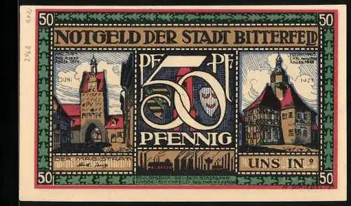 Notgeld Bitterfeld 1921, 50 Pfennig, Wappen, Landkarte, Turm, Rathaus, Szene vor einem Werksgelände