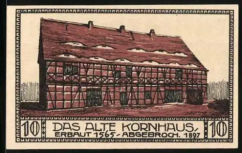 Notgeld Bitterfeld 1921, 10 Pfennig, Teilansicht, Das Alte Kornhaus