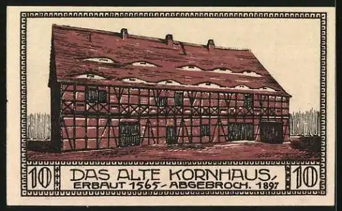 Notgeld Bitterfeld 1921, 10 Pfennig, Teilansicht, Das alte Kornhaus