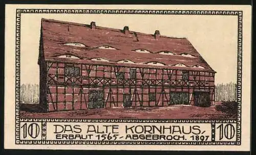 Notgeld Bitterfeld 1921, 10 Pfennig, Teilansicht, Das alte Kornhaus