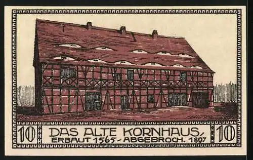 Notgeld Bitterfeld 1921, 10 Pfennig, Teilansicht, Das alte Kornhaus