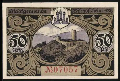 Notgeld Bischofsheim /Rh., 50 Pfennig, Burg, Wappen