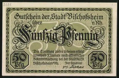 Notgeld Bischofsheim /Rh., 50 Pfennig, Burg, Wappen