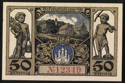 Notgeld Bischofsheim /Rh., 50 Pfennig, Ortsansicht, Bauer und Arbeiter, Wappen