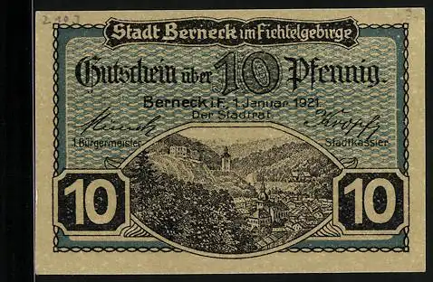 Notgeld Berneck /Fichtelgeb. 1921, 10 Pfennig, Wappen, Tannenzapfen, Ortsansicht, Neue Kolonnade