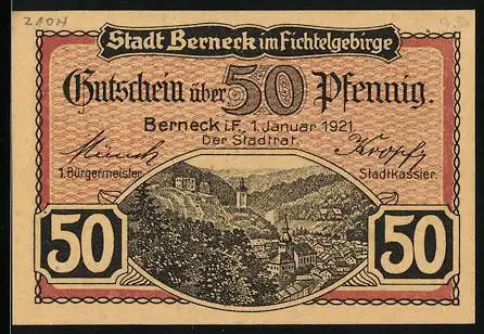 Notgeld Berneck /Fichtelgeb. 1921, 50 Pfennig, Wappen, Tannenzapfen, Ortsansicht, Neue Kolonnade