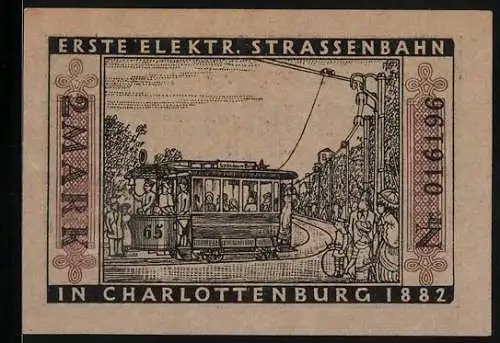 Notgeld Berlin 1922, 2 Mark, Städtische Strassenbahn, Wappen, Erste Elektrische Strassenbahn in Charlottenburg