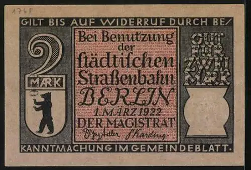 Notgeld Berlin 1922, 2 Mark, Städtische Strassenbahn, Wappen, Erste Elektrische Strassenbahn in Charlottenburg