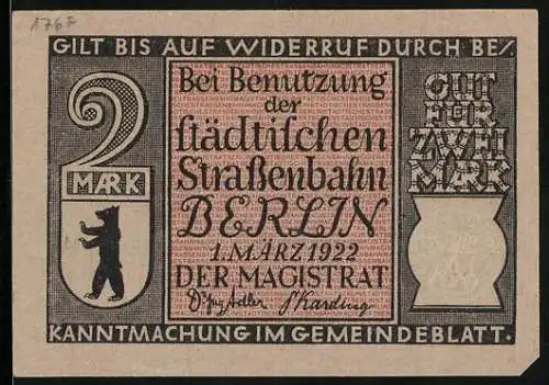 Notgeld Berlin 1922, 2 Mark, Städtische Strassenbahn, Wappen, Potsdamer Bahnhof