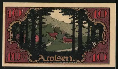 Notgeld Arolsen 1921, 10 Pfennig, Wappen, Ortsansicht