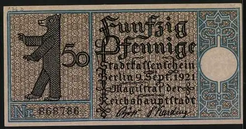 Notgeld Berlin 1921, 50 Pfennig, Wappen, Berliner Bär, Rathaus Bezirk Mitte
