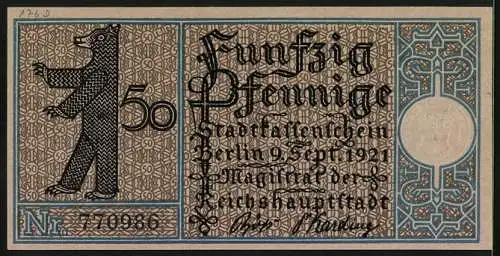 Notgeld Berlin 1921, 50 Pfennig, Wappen, Berliner Bär, Stralauer Fischzug, Friedrichshain
