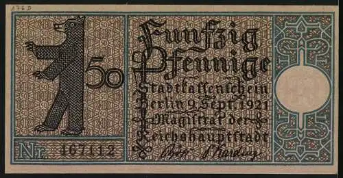 Notgeld Berlin 1921, 50 Pfennig, Wappen, Berliner Bär, Berliner Strasse in Charlottenburg