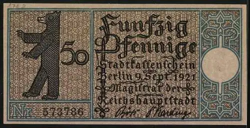 Notgeld Berlin 1921, 50 Pfennig, Wappen, Berliner Bär, Spandau um 1800