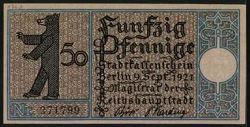 Notgeld Berlin 1921, 50 Pfennig, Wappen, Berliner Bär, Dorf Schöneberg um 1820