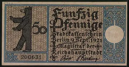 Notgeld Berlin 1921, 50 Pfennig, Wappen, Berliner Bär, Frühere Kirche in Steglitz