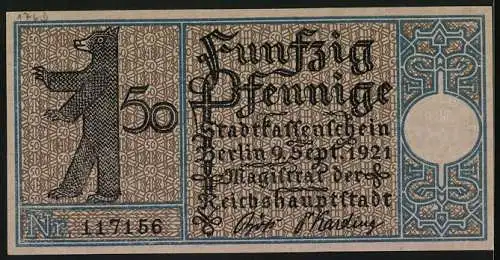 Notgeld Berlin 1921, 50 Pfennig, Wappen, Berliner Bär, Köpenick um 1820