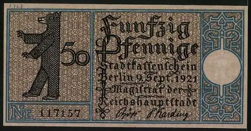 Notgeld Berlin 1921, 50 Pfennig, Wappen, Berliner Bär, Lichtenberg um 1790