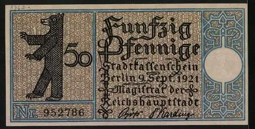 Notgeld Berlin 1921, 50 Pfennig, Wappen, Berliner Bär, Gasthaus Langens Hoff in Tempelhof