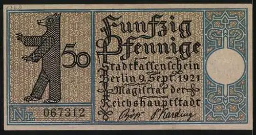Notgeld Berlin 1921, 50 Pfennig, Wappen, Berliner Bär, Dorf Rixdorf in Neukölln