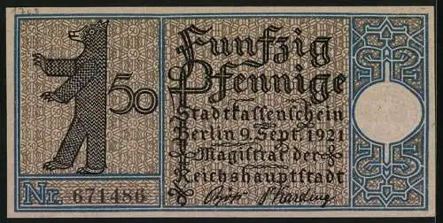 Notgeld Berlin 1921, 50 Pfennig, Wappen, Berliner Bär, Gasthaus in Treptow um 1820
