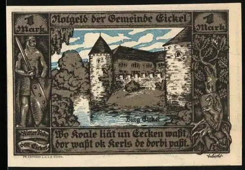 Notgeld Eickel 1921, 1 Mark, Die Burg Eickel, Ritter Tabo von Eickel