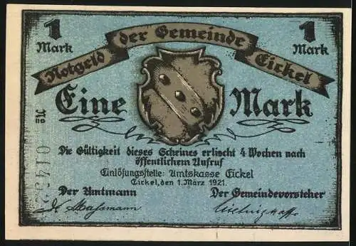 Notgeld Eickel 1921, 1 Mark, Die Burg Eickel, Ritter Tabo von Eickel