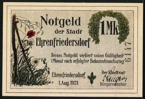 Notgeld Ehrenfriedersdorf 1921, 1 Mark, Bergmann betet unter Tage