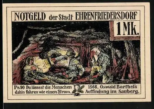 Notgeld Ehrenfriedersdorf 1921, 1 Mark, Oswald Barthel`s Auffindung im Sauberg