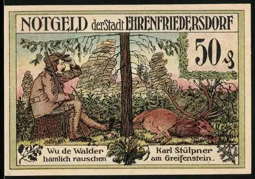 Notgeld Ehrenfriedersdorf 1921, 50 Pfennig, Karl Stülpner mit geschossenem Hirsch am Greifenstein