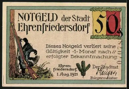 Notgeld Ehrenfriedersdorf 1921, 50 Pfennig, Karl Stülpner mit geschossenem Hirsch am Greifenstein