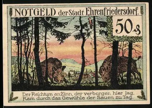 Notgeld Ehrenfriedersdorf 1921, 50 Pfennig, Wühlende Wildschweine am Waldrand