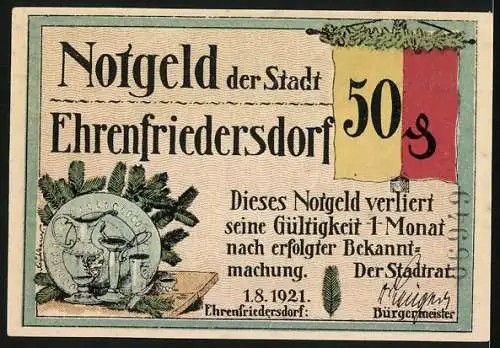 Notgeld Ehrenfriedersdorf 1921, 50 Pfennig, Wühlende Wildschweine am Waldrand