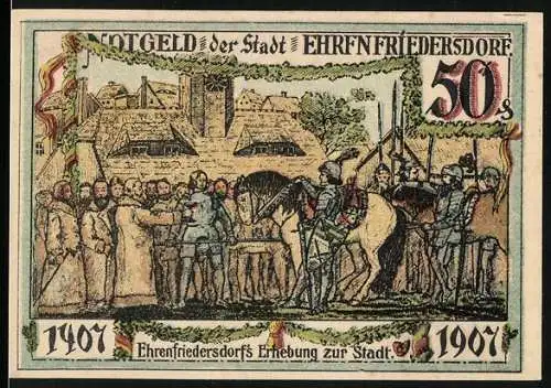 Notgeld Ehrenfriedersdorf 1921, 50 Pfennig, Die Erhebung der Ortschaft zur Stadt