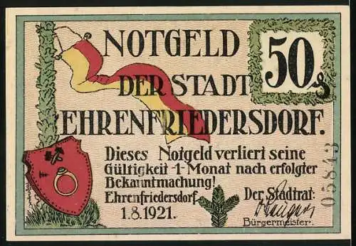 Notgeld Ehrenfriedersdorf 1921, 50 Pfennig, Die Erhebung der Ortschaft zur Stadt