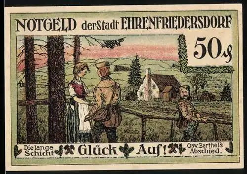 Notgeld Ehrenfriedersdorf 1921, 50 Pfennig, Oswald Barthel`s Abschied