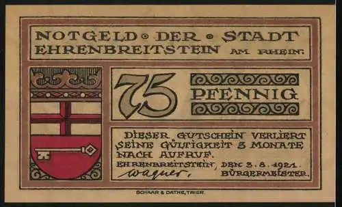 Notgeld Ehrenbreitstein 1921, 75 Pfennig, Johann Hugo vor Orsbeck, Churfürst von Trier