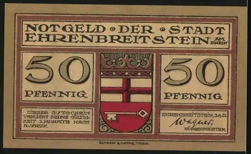 Notgeld Ehrenbreitstein 1921, 50 Pfennig, Ortsansicht ums Jahr 1700