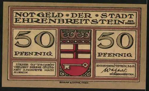Notgeld Ehrenbreitstein 1921, 50 Pfennig, Ortsansicht vom Wasser aus
